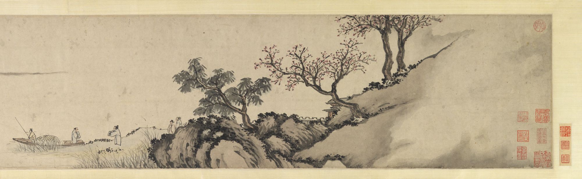 The right end of Shen Zhou’s handscroll Farewell at a Spring River, with red seals along its edge