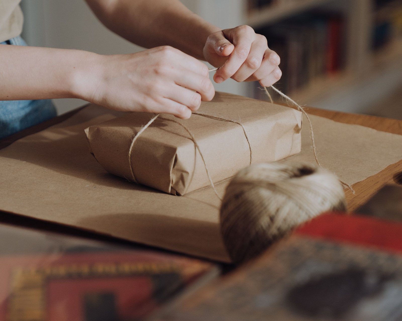 A parcel being tied at a desk among books